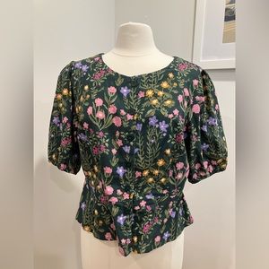 Green Floral Linen Peplum Button-down Blouse